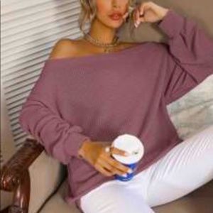Waffle knit off shoulder sweater